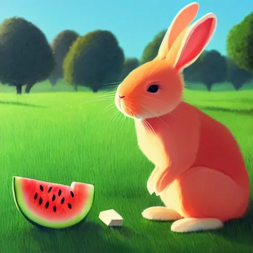 Prompt: a cute rabbit eating watermelon on the green meadow, a storybook illustration by goro fujita and atey ghailan