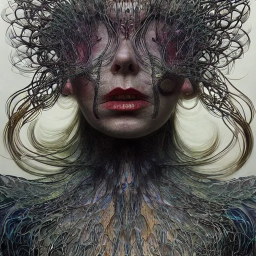 Image similar to bjork by zdzisław beksinski, iris van herpen, alexander mcqueen, raymond swanland and alphonse mucha. highly detailed, hyper - real, beautiful