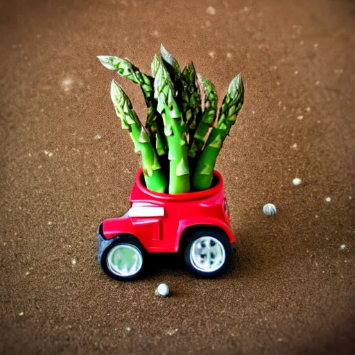 Image similar to image of an asparagus in a flowerpot driving a red tractor in outer space.