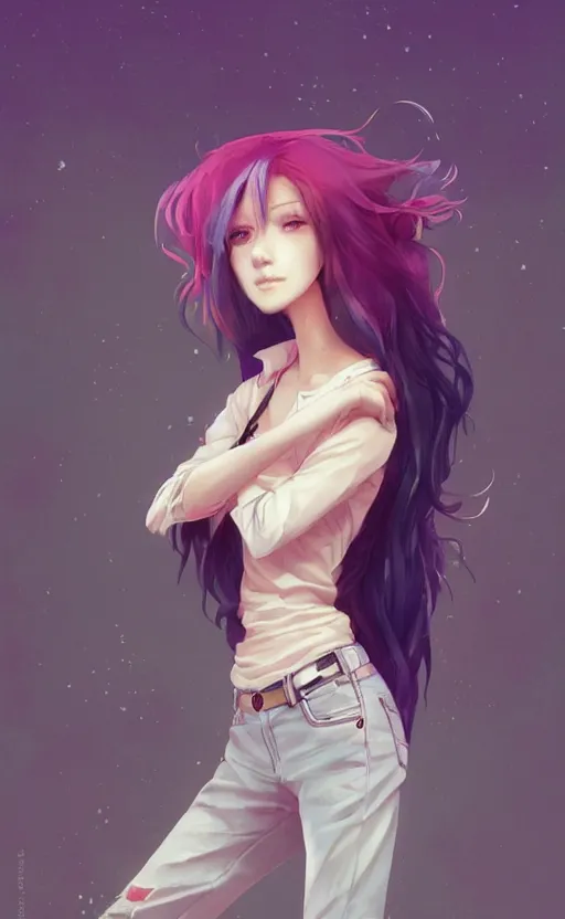 Image similar to a kawaii woman with rainbow hair, soft eyes and narrow chin, dainty figure, long hair straight down, kawaii shirt and jeans, basic white background, In style of by Jordan Grimmer and greg rutkowski, crisp lines and color