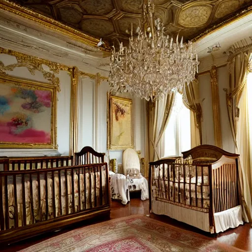 Prompt: !dream The scene is set in a grandiose nursery, with high ceilings and walls adorned with expensive paintings. The room is filled with the crying of obese babies, who are crawling and playing with toys. In the center of the room is a large, ornate crib, where an obese baby is sleeping peacefully. Nearby, a unfashionable maid is feeding another baby from a ornate bottle. The atmosphere is happy and festive. Photography.