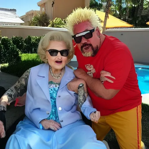 Image similar to betty white sunbathing with guy fieri