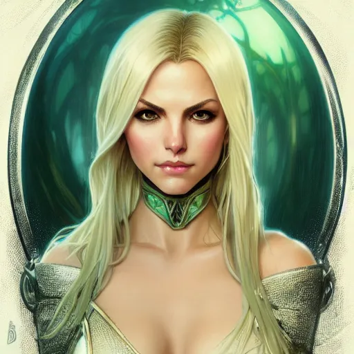 Image similar to Blonde Victoria Justice with green eyes as Emma Frost, western, D&D, fantasy, intricate, elegant, highly detailed, digital painting, artstation, concept art, matte, sharp focus, illustration, art by Artgerm and Greg Rutkowski and Alphonse Mucha