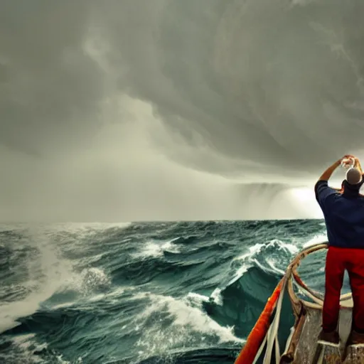 Image similar to man holding the ship's wheel during a storm at sea