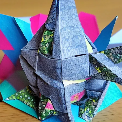 Image similar to godzilla in origami!!, ( colorful, cute ) macro photo 5 d mk 2, bokeh