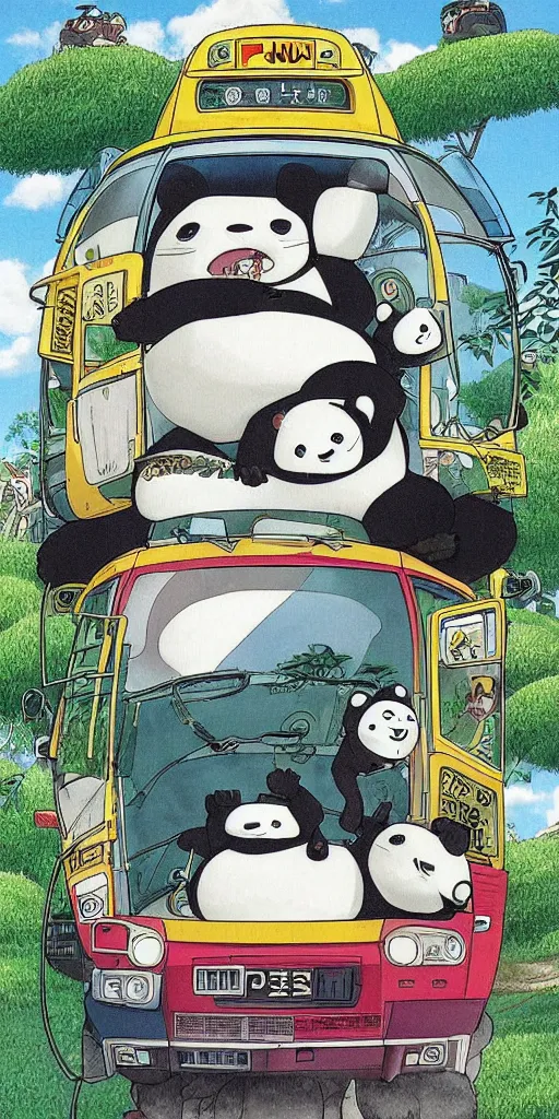 Image similar to a panda bus in like totoro, 1990s anime, full color, tarot card the chariot, highly detailed ,