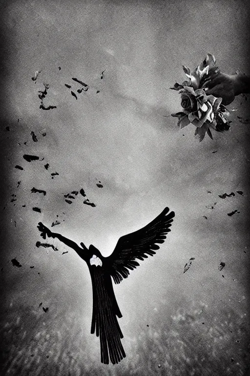 Image similar to crow's feather falling from the sky, roses climb up the crucifix, graveyard in the darkness - w 9 6 0