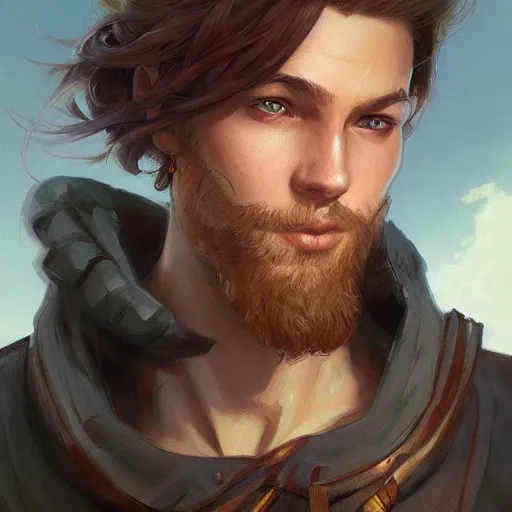 Image similar to male adventurer, painted fantasy character portrait, headshot, fantasy, highly detailed, digital painting, artstation, concept art, sharp focus, illustration, art by artgerm and greg rutkowski and alphonse mucha