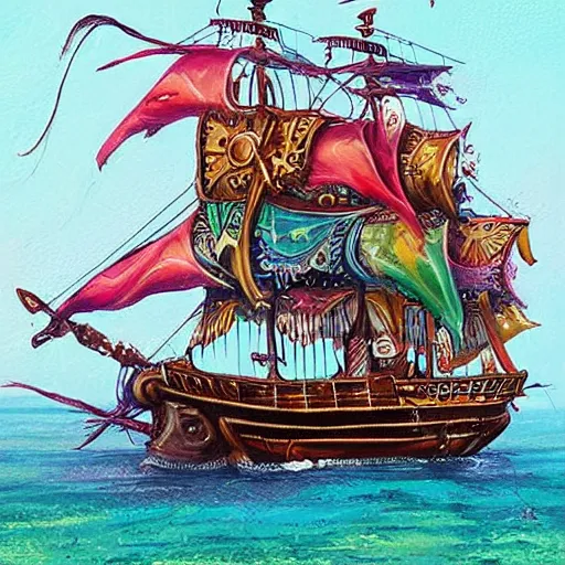 Image similar to pirate ship sailing, trending on artstation, colorful, intricate, art by aurore folny and ekaterina burmak