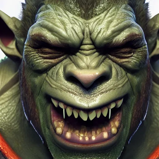 Prompt: An orc smiling into the camera, portrait, artstation, realistic, highly detailed, bokeh