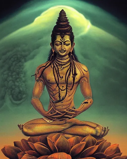 Prompt: One many-armed Shiva sitting in the lotus position. Nuclear explosion on the background. Dark colors, high detail, hyperrealism, horror art, masterpiece, close-up, zoom, concept art, octane render, biopunk, body-horror, ceremonial portrait, solo, macrophoto, art by Yoshitaka Amano, Greg Broadmore, Beksinski, Rembrandt