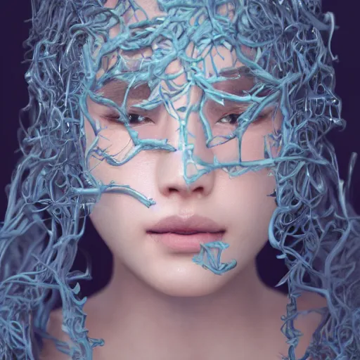 Image similar to intricate highly detailed face portrait of asian - european woman, light blue water vines on her face, intricate, cgsociety, unreal engine, octane render, sharp focus, smooth, volumetric lighting, cinematic composition, artstation