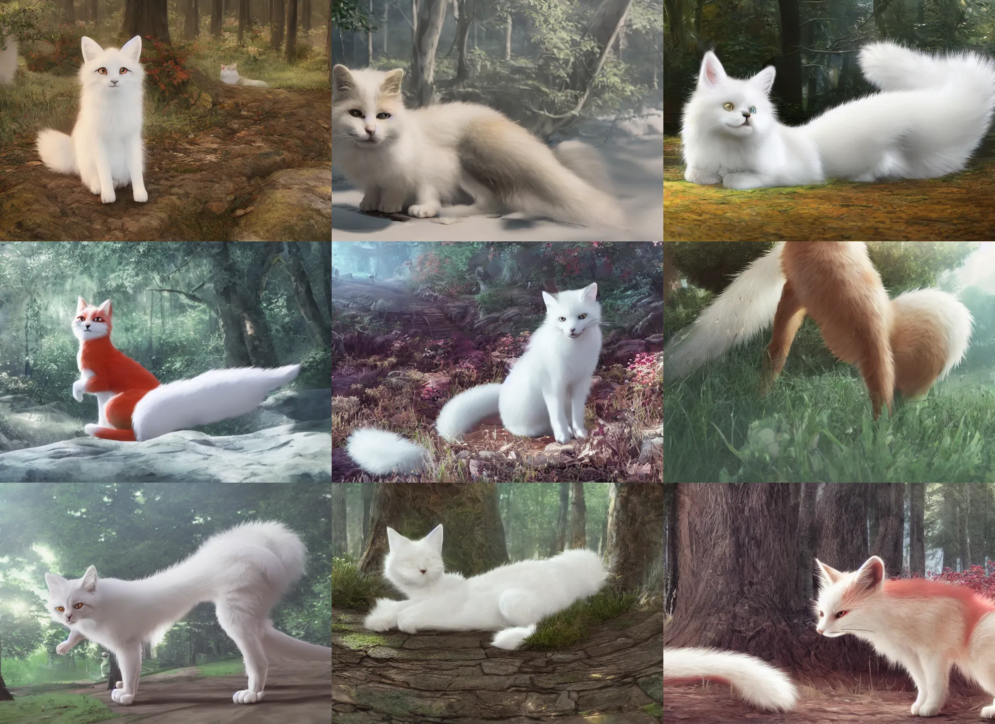 Prompt: white cat with fluffy red tail like fox tail lying at sunny forest, high detailed, hyper realistic, octane engine, anime illustration, miyazaki, ray tracing