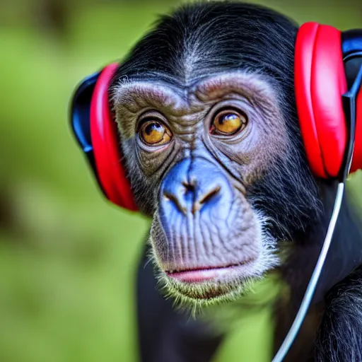 Image similar to a photo of a green chimp wearing headphones