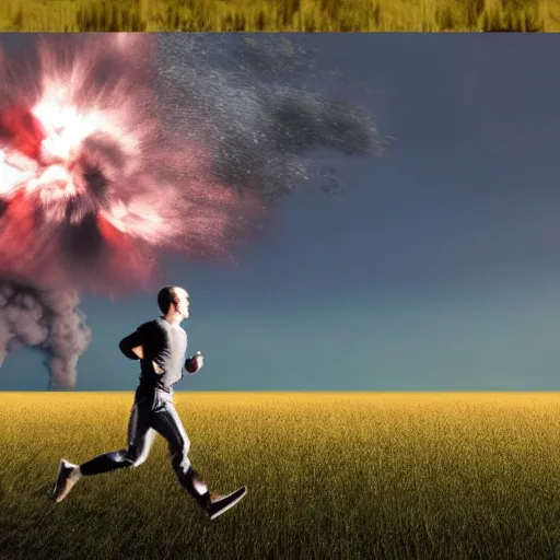 Image similar to cctv footage of a man running across a field, in the background is a large explosion, highly detailed, very realistic.