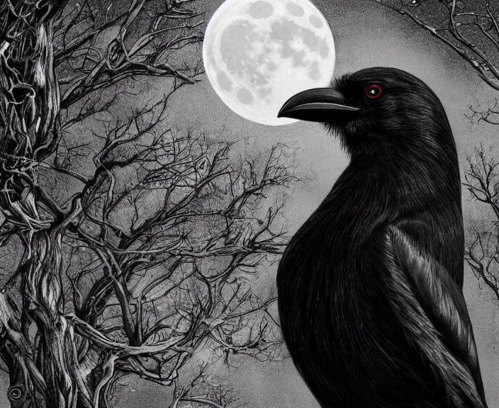 Image similar to a hyper-detailed fantasy wallpaper book cover, close-up portrait of a crow on a tree in front of the full big moon; an extraordinary masterpiece!!!; flawless; proud posture; photorealistic eyes; trending on artstation; f/1.4; 90mm