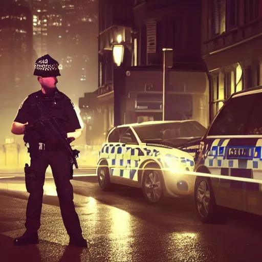 Prompt: A British police officer guarding London at night, highly detailed, ambient lighting, trending on art station