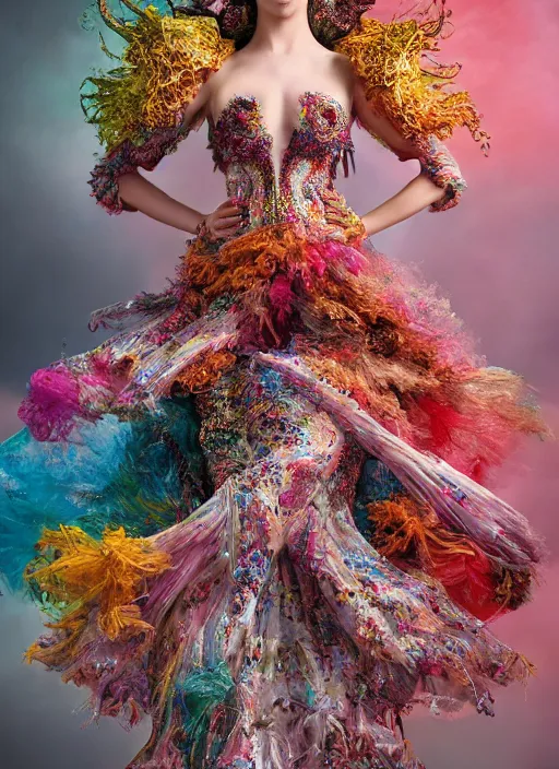 Image similar to expressive full body photo of anya taylor - joy, dress made of candies, glamour shot, by karol bak, stefan gesell, photorealistic, nikon d 4 x, fashion photography, hyper maximalist, elegant, ornate, luxury, elite, environmental portrait, symmetrical features, octane render, unreal engine, solid dark grey background, dramatic lights