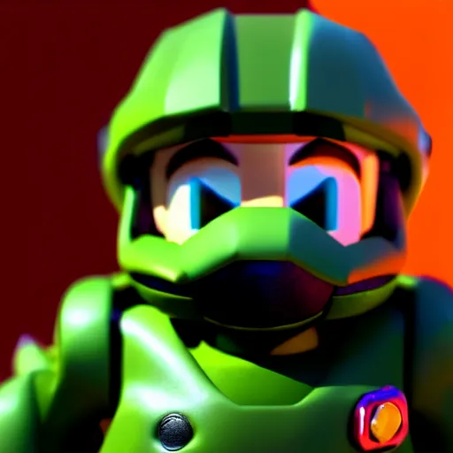 Image similar to Super Mario as Master Chief, highly detailed, extremely high quality, HD, 4k, 8k, Canon 300mm, professional photographer, 40mp, lifelike, top-rated, award winning, realistic, detailed lighting, detailed shadows, sharp, no blur, edited, corrected, trending