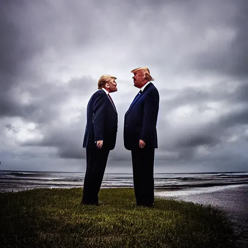 Prompt: 4 k hdr full body wide angle sony portrait of ron desantis kissing donald trump with moody stormy overcast lighting