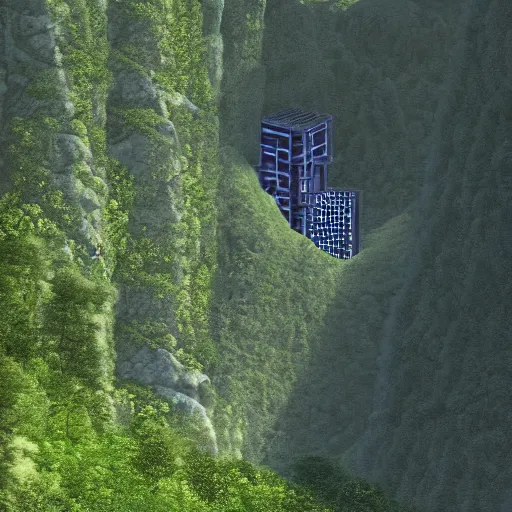 Image similar to vertical farms and white sci - fi nuclear microreactor in a steep sided valley with trees, a sense of hope and optimism, hyper realistic, high res, 4 k, warm light, edouard groult, bynde, kirill leonov