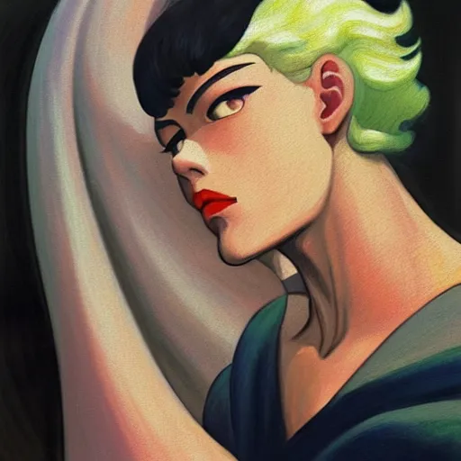 Prompt: A beautiful close-up of Griffith from Berserk, dressed like in the 1940s, digital art by Edward Hopper, vibrant color scheme, highly detailed, in the style of romanticism, fine Art, high detail, great lighting, 8k resolution, masterpiece, concept art, illustration, clear eyes, soft lighting, soft details, painting oil on canvas, octane render, HDR, trending on artstation, 4k, 8k, HD