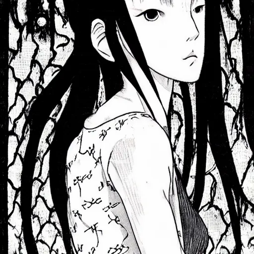 Prompt: a white girl with black hair by junji ito