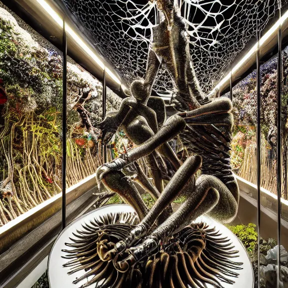 Image similar to symmetric frame from Prometheus, biomechanical gaia, by Neri Oxman and alexander mcqueen metal couture editorial, in mycelium macro mushroom hanging garden by giger by utagawa kuniyoshi by Yuko Shimizu