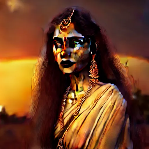 Prompt: photographic portrait of a stunningly beautiful gothic south indian female in soft dreamy light at sunset, contemporary fashion shoot, by edward robert hughes, annie leibovitz and steve mccurry, david lazar, jimmy nelsson, breathtaking, 8 k resolution, extremely detailed, beautiful, establishing shot, artistic, hyperrealistic, beautiful face, octane render