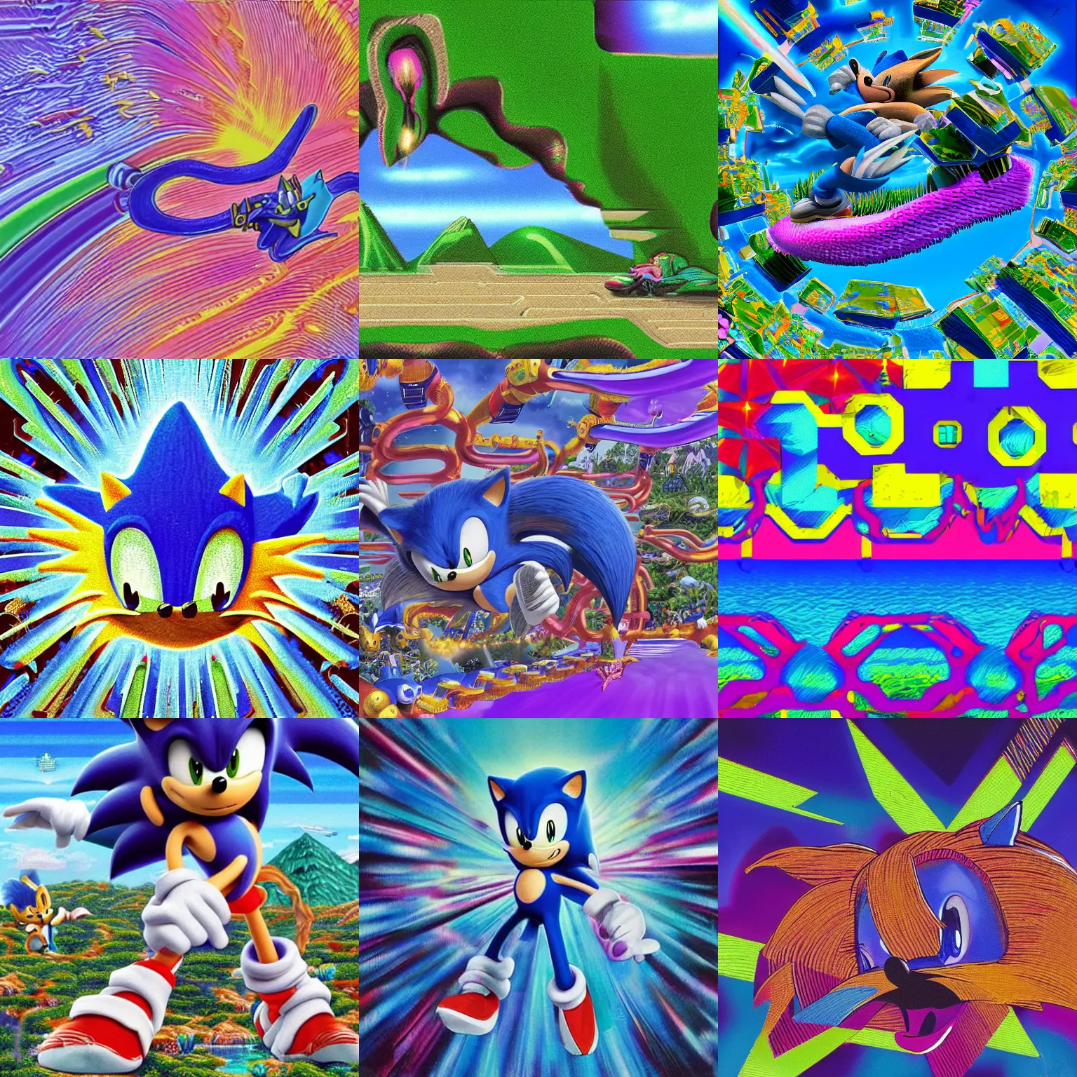 Prompt: sonic the hedgehog close up in a recursive surreal, sharp, detailed professional, high quality airbrush art MGMT tame impala album cover of a liquid dissolving synthwave vaporwave LSD DMT blue sonic the hedgehog surfing through terragen landscape, purple checkerboard plane, 1990s 1992 Sega Genesis video game album cover,