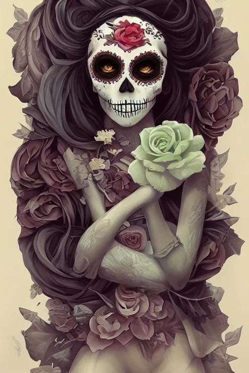 Image similar to illustration of a sugar skull day of the dead girl, art by peter mohrbacher