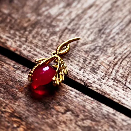 Image similar to macro shot of an intricately detailed golden hanger with an embedded ruby gem, lying on a oak table indoors, sunlit day, f 1. 4