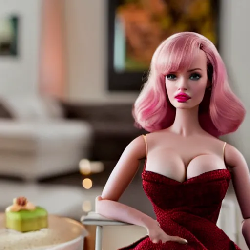 Image similar to amazing beautiful Christina Hendricks barbie doll in the living room, film still from the movie directed by Denis Villeneuve , wide lens