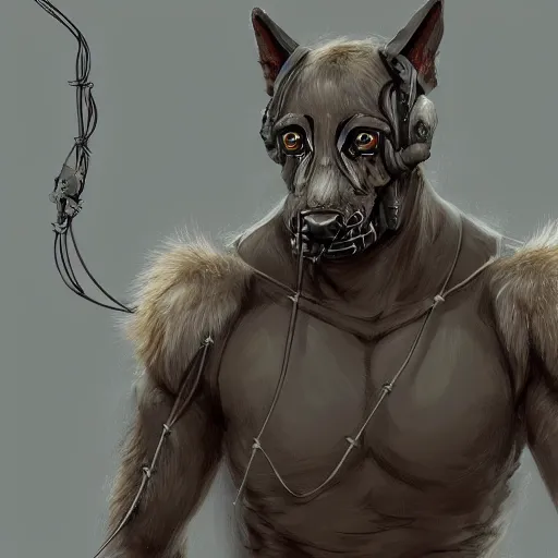 Prompt: a wounded humanoid german shepherd beast - man in military style, his hands are covered with wires, sitting on the bed, highly detailed portrait, digital painting, artstation, concept art, smooth, sharp foccus ilustration, artstation