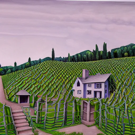 Prompt: Hyperrealism traditional austian house in a vineyard painting by MC Escher