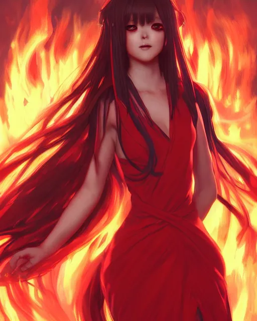 Image similar to red eyed beautiful long haired anime girl, red dress, full body photo, flames everywhere, highly detailed, digital painting, artstation, concept art, smooth, sharp focus, illustration, art by artgerm and greg rutkowski and alphonse mucha