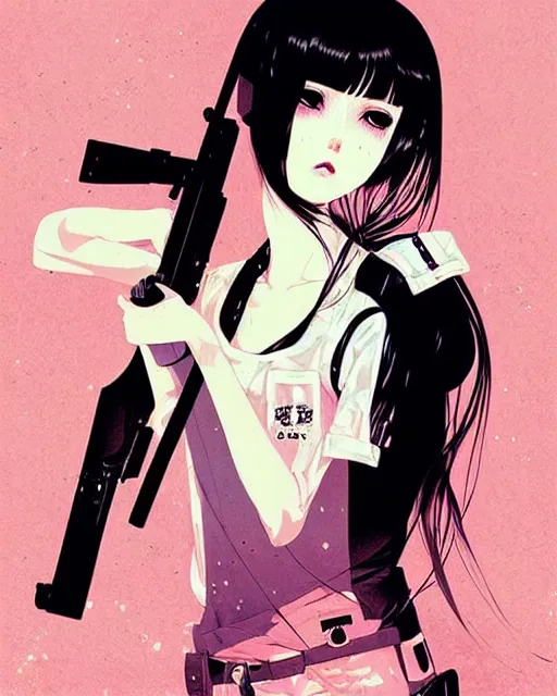 Image similar to girl holding rifle, manga!! detailed manga illustration!! intricate details, aesthetically pleasing pastel colors, poster background, aesthetic details, art by conrad roset and ilya kuvshinov