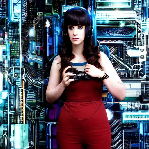 Image similar to studio photo of cyberpunk cyborg zooey deschanel