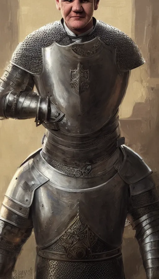 Prompt: Portrait of Gordon Ramsay as a medieval knight, male, detailed face, fantasy, highly detailed, cinematic lighting, digital art painting by greg rutkowski