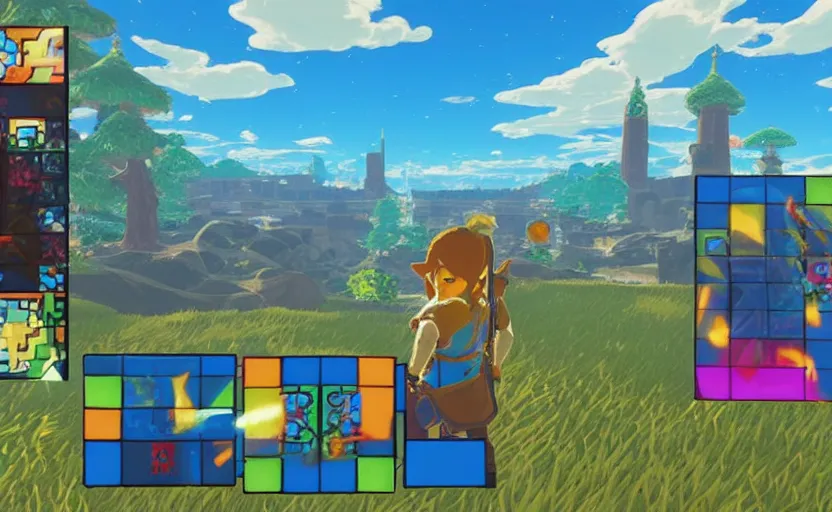 Prompt: Tetris blocks in breath of the wild