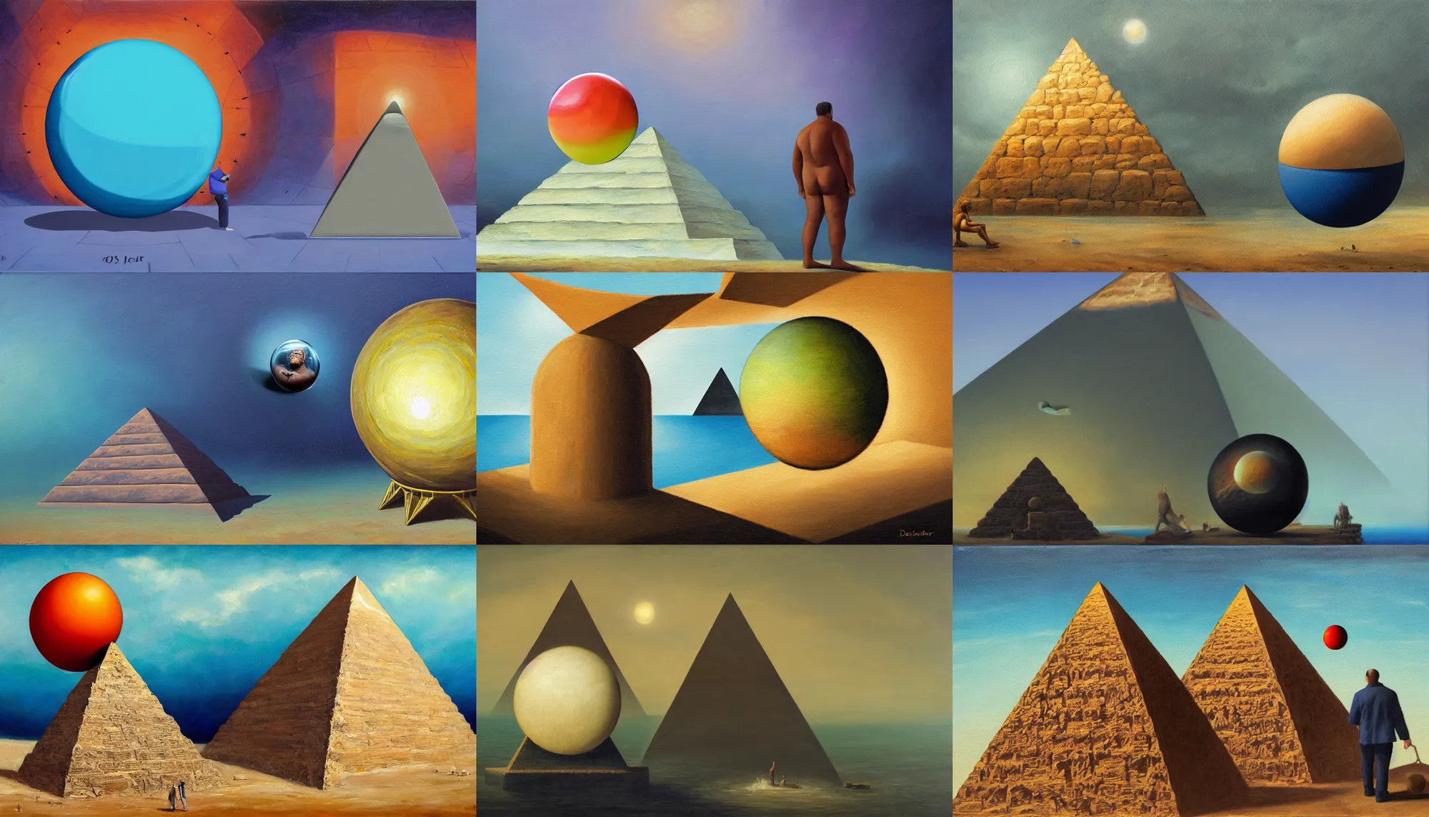 Prompt: an oil painting of a large man staring at a sphere slowly rolling off the side of a pyramid, underwater, sideview, art by jos decordier, using gradients and the degrade technique