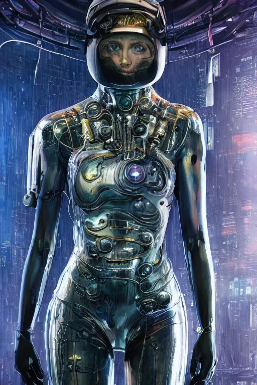 Image similar to a girl in a closed helmet in a shiny biopunk costume consisting of swollen muscles, tendons, metal joints, protruding pistons. masterpiece 4k digital illustration by John Harris, award winning, Artstation, blade runner aesthetic, black background, intricate details, realistic, panoramic view, Hyperdetailed, 8k resolution, intricate art nouveau