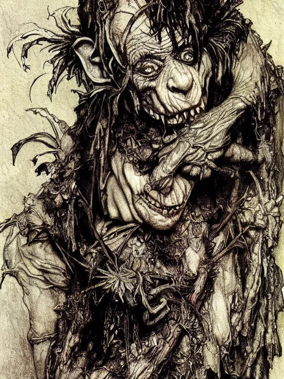 Image similar to Evil goblin. Extremely high detail, details, realistic, masterpiece, colorful. Portrait painting by Arthur Rackham, Muzinabu, Johann Tischbein, Eugene de Blaas, Frederic Leighton, Harry Clarke