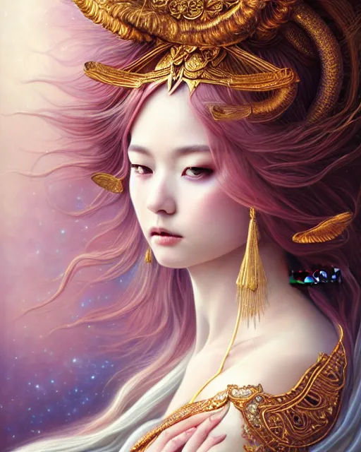 Prompt: portrait of a beautiful celestial goddess, sweet, graceful, esoteric, muted colors, head in focus, fantasy art, ornamental aesthetics, intricate, elegant, highly detailed, hyperrealistic painting, artstation, concept art, painterly, sharp focus, hasselbrad photography, illustration, art by chie yoshii