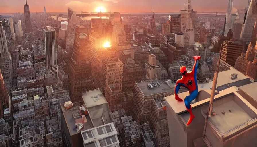 Prompt: spider - man on top of a building in new york watching the sunset, unreal engine 5, render, cg society