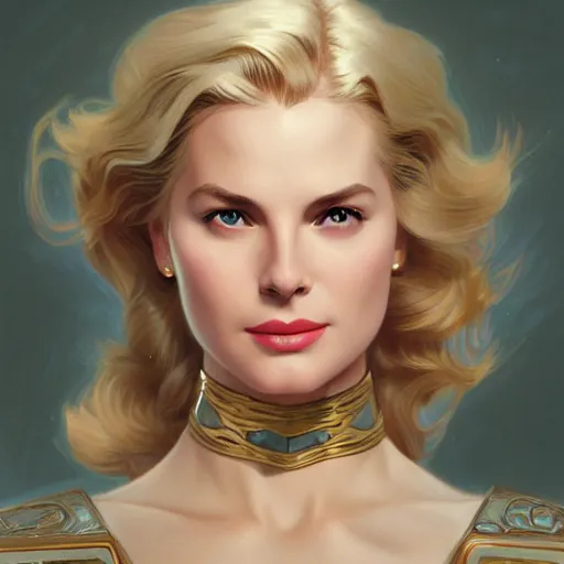 Image similar to Blonde Grace Kelly as Super Girl, western, D&D, fantasy, intricate, elegant, highly detailed, digital painting, artstation, concept art, matte, sharp focus, illustration, art by Artgerm and Greg Rutkowski and Alphonse Mucha