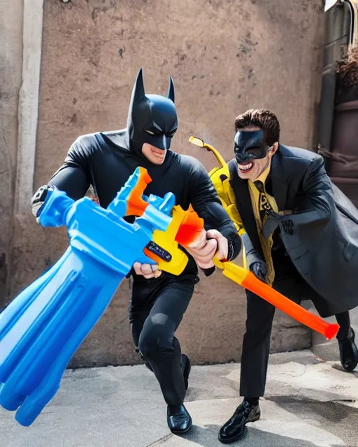 Image similar to happy batman firing super soaker water gun at playful criminals in an alleyway, everyone having fun, product advertisement, photography