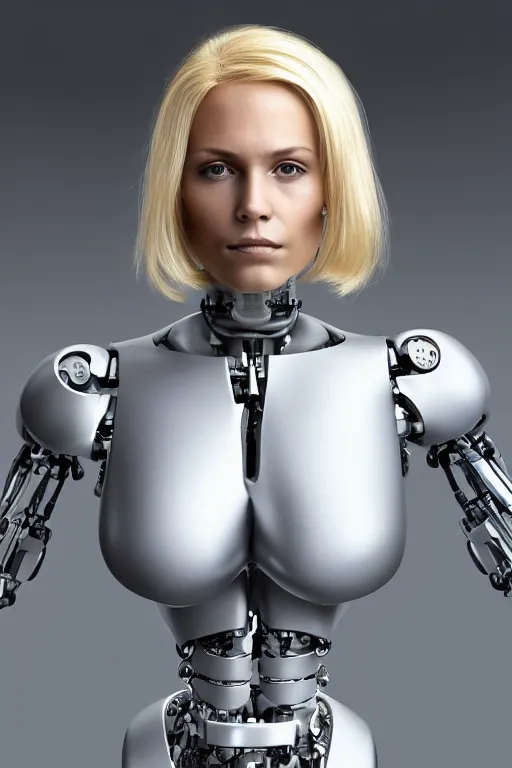 Image similar to robot with human face, female head, full body angle, woman human face, human face realistic, beautiful blonde hair, human head, human head with blonde hair, blonde hair human head, blonde hair, human realistic face, human head skin, cyborg frame concept, cyborg by ales-kotnik, sci-fi android female, the body is made of wires, robotic body, cyborg body, cyborg bust body, robot body cyborg, full body