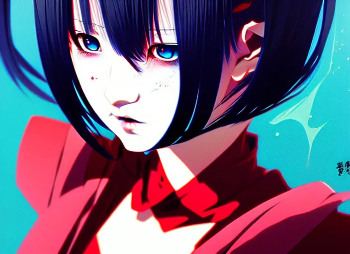 Image similar to editorial illustration colorful, anime portrait vampire princess miyu, katsuhiro otomo, manga, ilya kuvshinov, fine texture, realistic shading, fine details, matte colors, film noir, dramatic lighting, dynamic composition, moody, vivid, volumetric