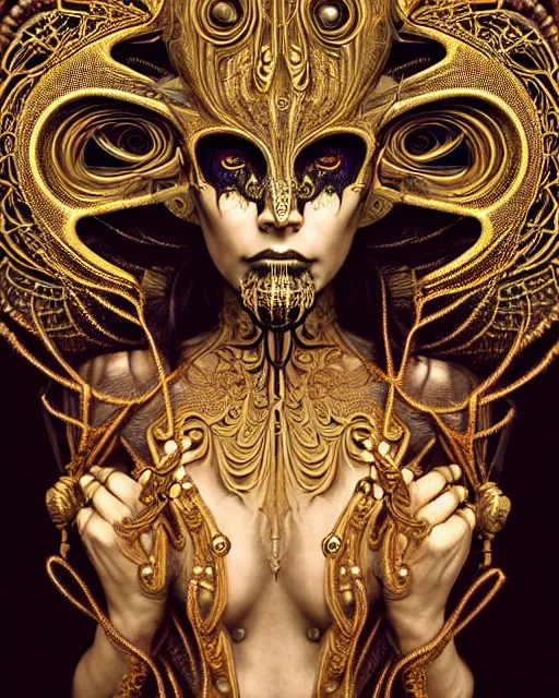 Prompt: hyperrealistic detailed portrait of a beautiful dark goddess in an intricate golden ornamental geometrical ritual mask, intricate cyberpunk make - up, insane details, art by ernst haeckel, nekro borja, android jones, alphonso mucha, gothic - cyberpunk, ornamental, beautiful deep colours,